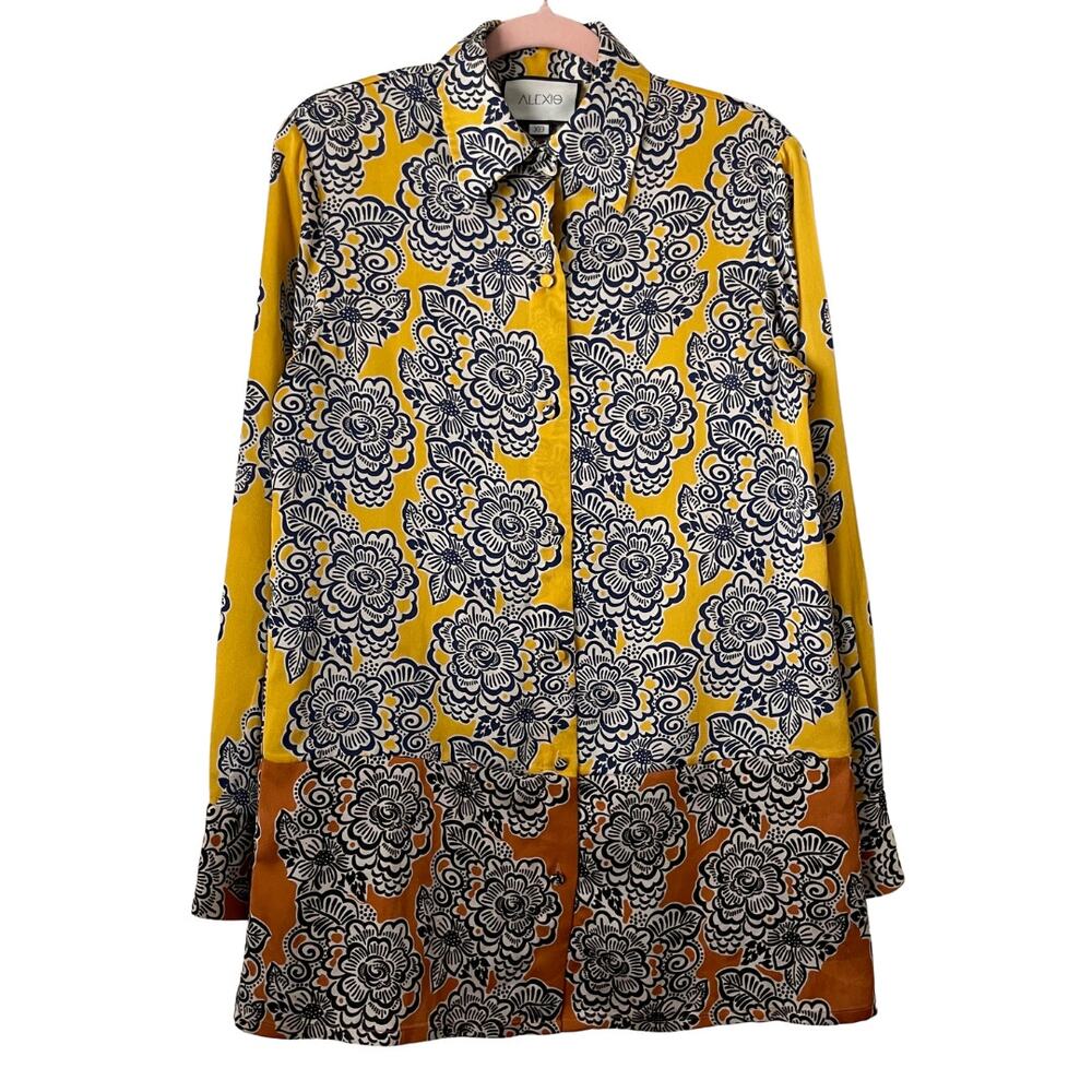 Alexis Top Womens XS‎ Yellow Brown Floral Long Sleeve Tunic Satin Boho Hippie